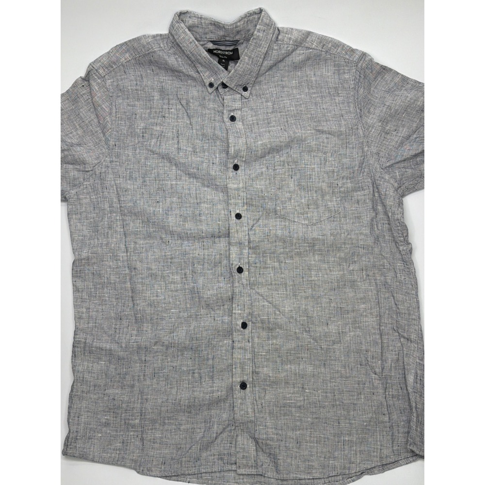Nordstrom Trim Fit Men's Gray 100% Linen Blend Short Sleeve Button Down Shirt XL